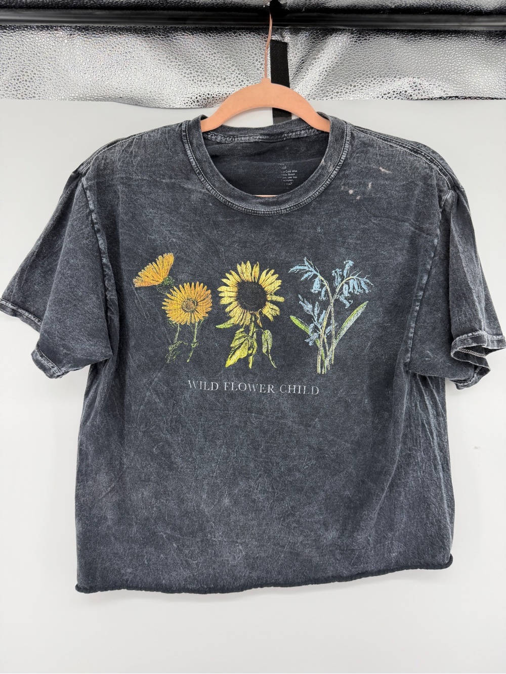 Wild Flower Graphic Tee Acid Wash Boxy Cropped Boho Grunge Fairy Cottagecore SzL